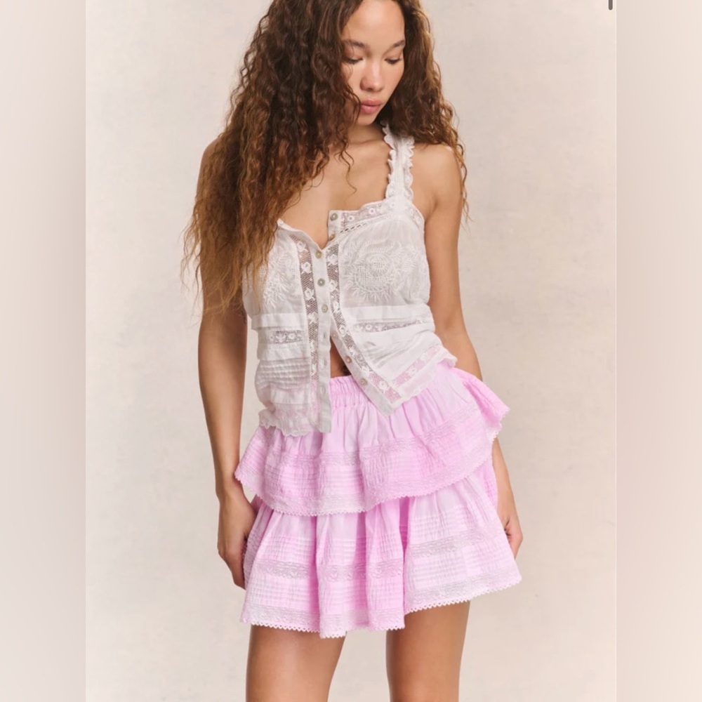 LoveShackFancy Tie Dye Pink and White Tiered Ruffle Mini Skirt, Medium, Cotton